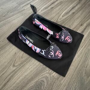 CHANEL 24S Satin Cloth Black CC Blue Pink Print Bow Ballet Flats 37.5 Logo Shoes